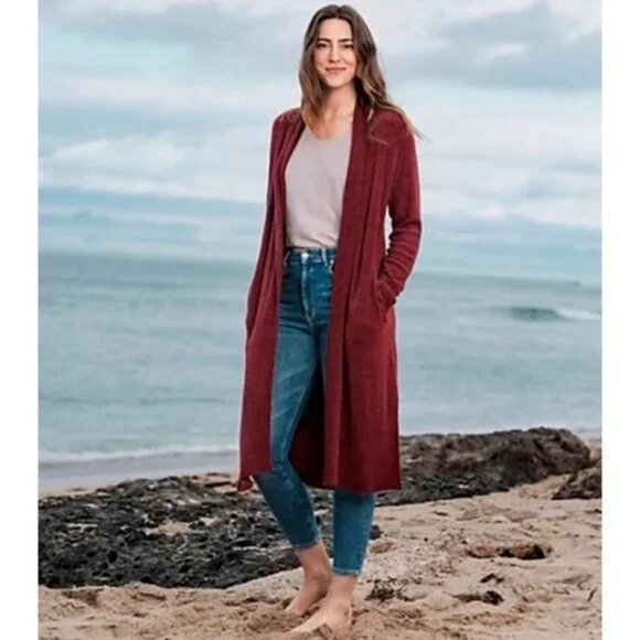 Barefoot Dreams Sweaters - Barefoot Dreams CozyChic Lite Catalina Long Cardigan Burgundy Garnet Red- Large